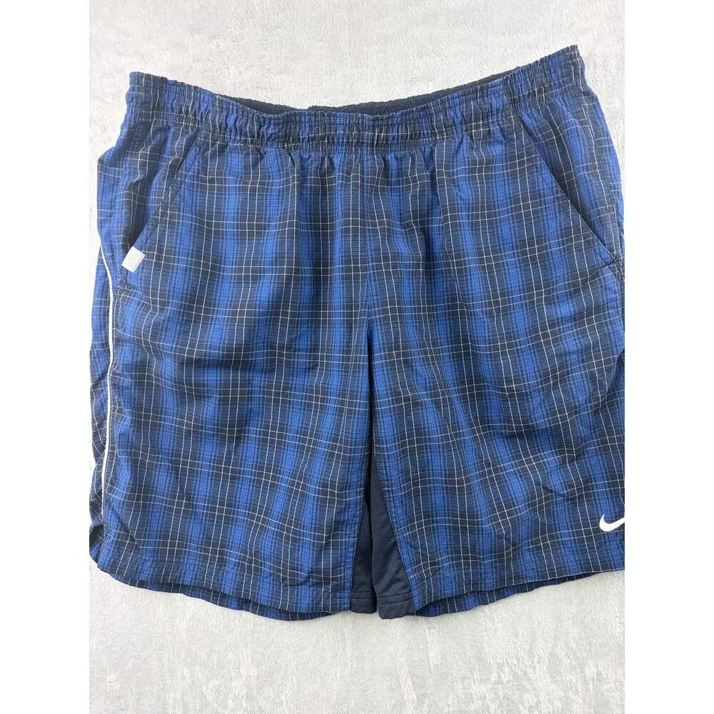 Nike Mens Swim Trunks Blue Plaid Mesh Lined Shorts - Size Large